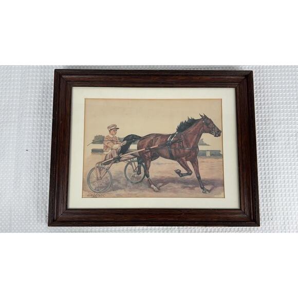 VTG Ole Larsen Original Watercolor Horse & Sulky Racing Scene, Signed & Framed - Picture 1 of 12
